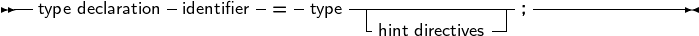 --type declaration- identifier-=  -type -|--------------;---------------
                                  -hint directives-
     